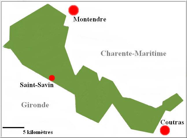 Carte des marges de la Double Saintongeaise : une bande orientée nord-ouest / sud-est entre Montendre, Saint-Savin et Coutras