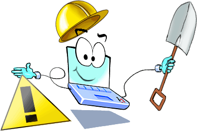 Illustration : page en chantier (un ordinateur coiffé d'un casque de chantier, avec une pelle)